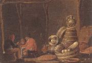 A barn interor with peasants drinking and smoking beside a collection of kitchen utensils